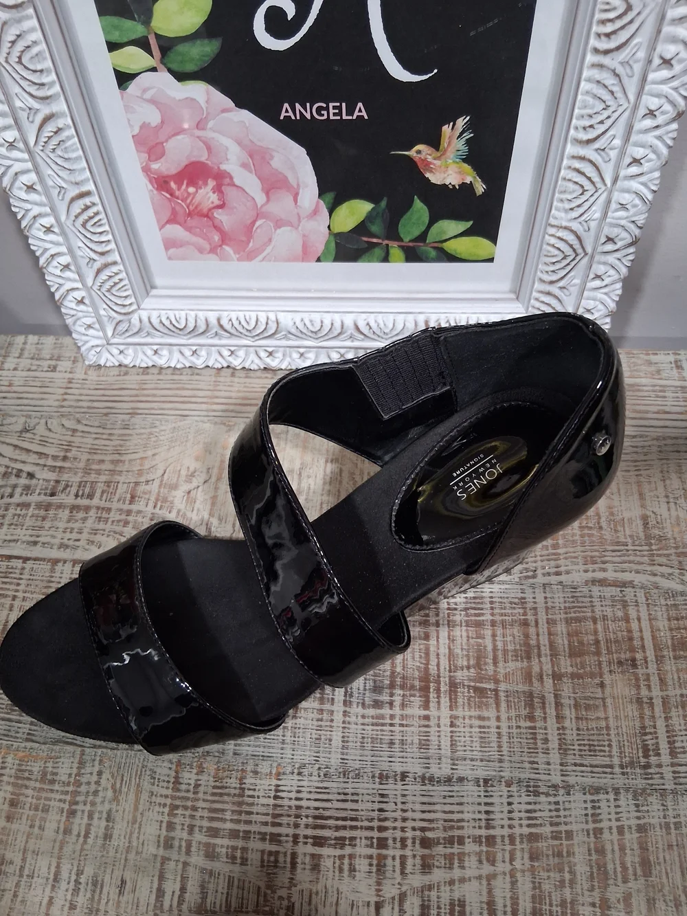 Jones New York Black Patent Wedge Sandals